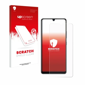 Parte frontal de un envase de producto con el logotipo de la marca upscreen. Al lado se muestra el dispositivo Samsung Galaxy 