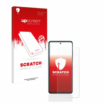 Parte frontal de un envase de producto con el logotipo de la marca upscreen. Al lado se muestra el dispositivo Xiaomi Poco X3 