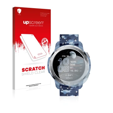 Parte frontal de un envase de producto con el logotipo de la marca upscreen. Al lado se muestra el dispositivo Honor Watch GS 