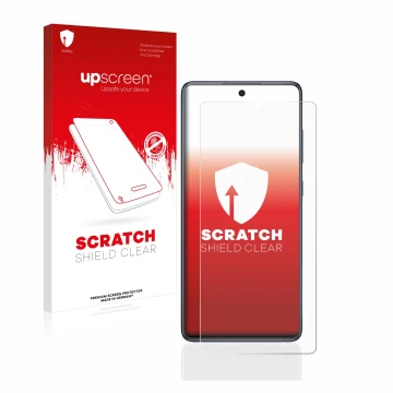 Parte frontal de un envase de producto con el logotipo de la marca upscreen. Al lado se muestra el dispositivo Samsung Galaxy 