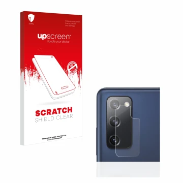 Parte frontal de un envase de producto con el logotipo de la marca upscreen. Al lado se muestra el dispositivo Samsung Galaxy 