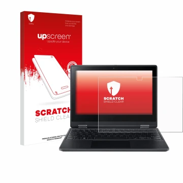 Parte frontal de un envase de producto con el logotipo de la marca upscreen. Al lado se muestra el dispositivo Acer TravelMate