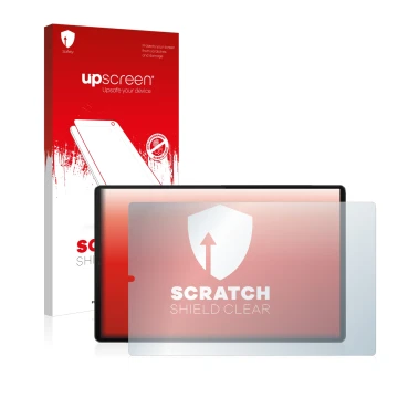 Parte frontal de un envase de producto con el logotipo de la marca upscreen. Al lado se muestra el dispositivo Lenovo Tab M10 