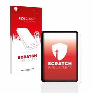 Parte frontal de un envase de producto con el logotipo de la marca upscreen. Al lado se muestra el dispositivo Apple iPad Air 