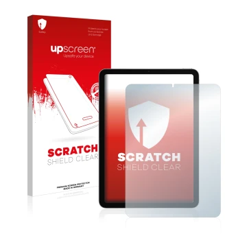 Parte frontal de un envase de producto con el logotipo de la marca upscreen. Al lado se muestra el dispositivo Apple iPad Air 