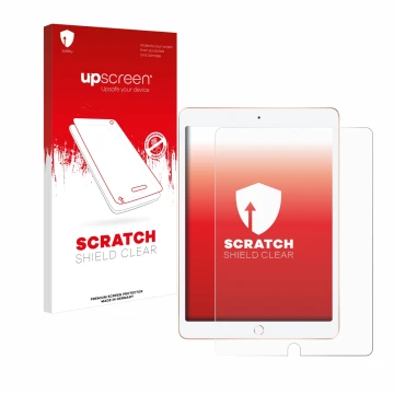 Parte frontal de un envase de producto con el logotipo de la marca upscreen. Al lado se muestra el dispositivo Apple iPad 10.2