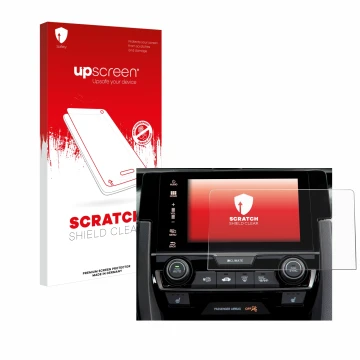 Parte frontal de un envase de producto con el logotipo de la marca upscreen. Al lado se muestra el dispositivo Honda Civic 202