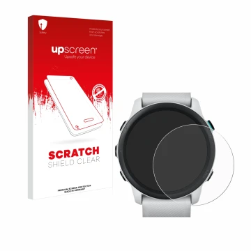 Parte frontal de un envase de producto con el logotipo de la marca upscreen. Al lado se muestra el dispositivo Garmin Forerunn