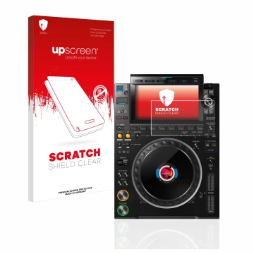 Parte frontal de un envase de producto con el logotipo de la marca upscreen. Al lado se muestra el dispositivo Pioneer CDJ 300