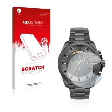 Parte frontal de un envase de producto con el logotipo de la marca upscreen. Al lado se muestra el dispositivo Diesel Chronogr