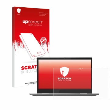 Parte frontal de un envase de producto con el logotipo de la marca upscreen. Al lado se muestra el dispositivo Lenovo ThinkPad