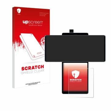 Parte frontal de un envase de producto con el logotipo de la marca upscreen. Al lado se muestra el dispositivo LG Wing (Pantal