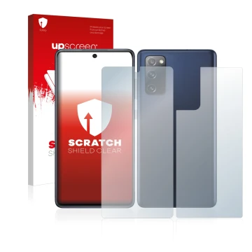 Parte frontal de un envase de producto con el logotipo de la marca upscreen. Al lado se muestra el dispositivo Samsung Galaxy 