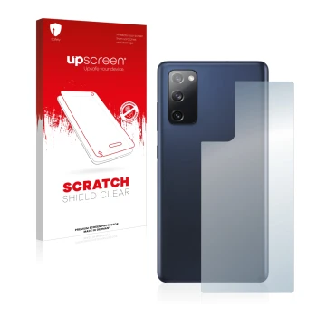 Parte frontal de un envase de producto con el logotipo de la marca upscreen. Al lado se muestra el dispositivo Samsung Galaxy 