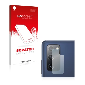 Parte frontal de un envase de producto con el logotipo de la marca upscreen. Al lado se muestra el dispositivo Samsung Galaxy 