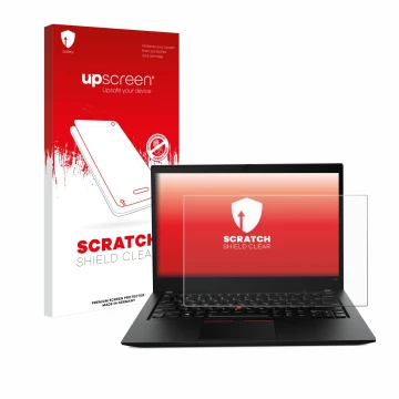 Parte frontal de un envase de producto con el logotipo de la marca upscreen. Al lado se muestra el dispositivo Lenovo ThinkPad