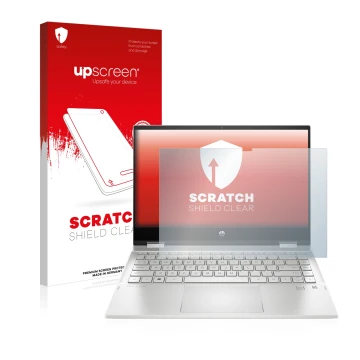 Parte frontal de un envase de producto con el logotipo de la marca upscreen. Al lado se muestra el dispositivo HP Pavilion x36