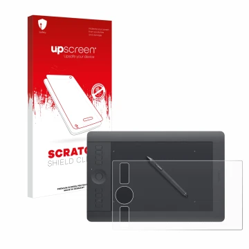 Parte frontal de un envase de producto con el logotipo de la marca upscreen. Al lado se muestra el dispositivo Wacom Intuos Pr