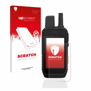 Parte frontal de un envase de producto con el logotipo de la marca upscreen. Al lado se muestra el dispositivo Garmin Alpha 20