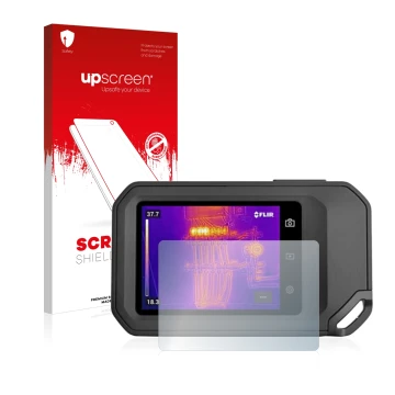 Parte frontal de un envase de producto con el logotipo de la marca upscreen. Al lado se muestra el dispositivo Flir C5 con su 