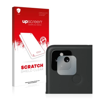 Parte frontal de un envase de producto con el logotipo de la marca upscreen. Al lado se muestra el dispositivo Google Pixel 4a