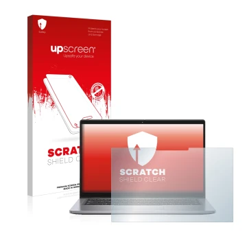 Parte frontal de un envase de producto con el logotipo de la marca upscreen. Al lado se muestra el dispositivo Dell Latitude 7