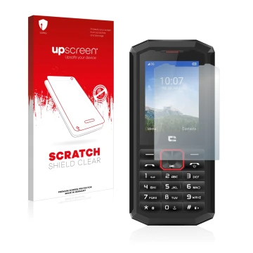 Parte frontal de un envase de producto con el logotipo de la marca upscreen. Al lado se muestra el dispositivo Crosscall Spide