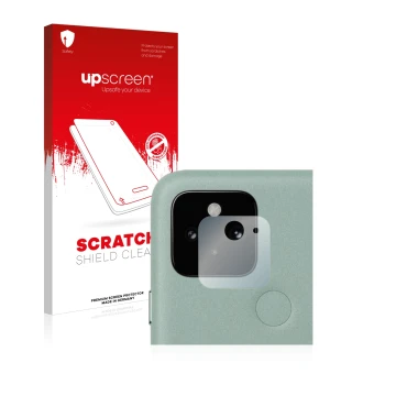 Parte frontal de un envase de producto con el logotipo de la marca upscreen. Al lado se muestra el dispositivo Google Pixel 5 