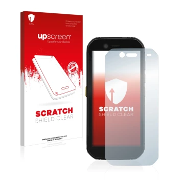 Parte frontal de un envase de producto con el logotipo de la marca upscreen. Al lado se muestra el dispositivo Caterpillar Cat