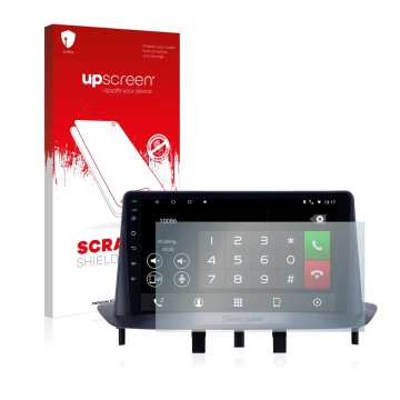 Parte frontal de un envase de producto con el logotipo de la marca upscreen. Al lado se muestra el dispositivo Pioneer AVH-Z52