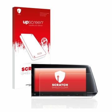 Parte frontal de un envase de producto con el logotipo de la marca upscreen. Al lado se muestra el dispositivo Volkswagen Golf