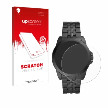 Parte frontal de un envase de producto con el logotipo de la marca upscreen. Al lado se muestra el dispositivo Fossil Gen 5E c