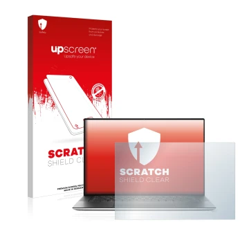 Parte frontal de un envase de producto con el logotipo de la marca upscreen. Al lado se muestra el dispositivo Dell XPS 15 950