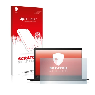 Parte frontal de un envase de producto con el logotipo de la marca upscreen. Al lado se muestra el dispositivo Lenovo ThinkPad