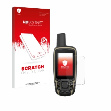 Parte frontal de un envase de producto con el logotipo de la marca upscreen. Al lado se muestra el dispositivo Garmin GPSMAP 6