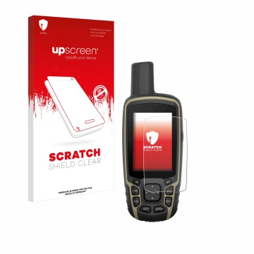 Parte frontal de un envase de producto con el logotipo de la marca upscreen. Al lado se muestra el dispositivo Garmin GPSMAP 6