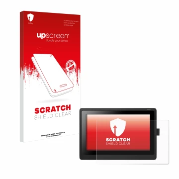 Parte frontal de un envase de producto con el logotipo de la marca upscreen. Al lado se muestra el dispositivo Wacom Cintiq 16