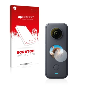 Parte frontal de un envase de producto con el logotipo de la marca upscreen. Al lado se muestra el dispositivo Insta360 One X2
