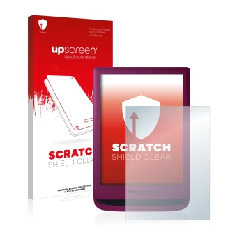 Parte frontal de un envase de producto con el logotipo de la marca upscreen. Al lado se muestra el dispositivo PocketBook Touc