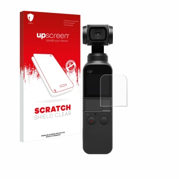 Parte frontal de un envase de producto con el logotipo de la marca upscreen. Al lado se muestra el dispositivo DJI Osmo Pocket
