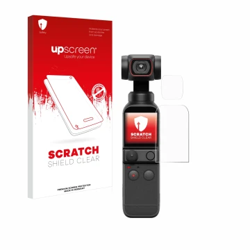 Parte frontal de un envase de producto con el logotipo de la marca upscreen. Al lado se muestra el dispositivo DJI Osmo Pocket