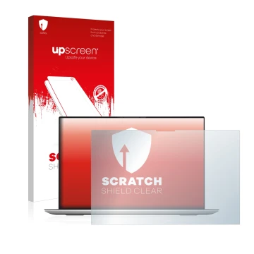 Parte frontal de un envase de producto con el logotipo de la marca upscreen. Al lado se muestra el dispositivo Dell XPS 17 970
