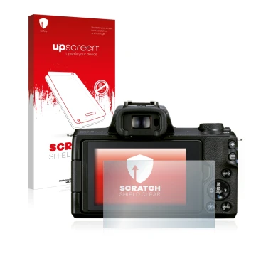 Parte frontal de un envase de producto con el logotipo de la marca upscreen. Al lado se muestra el dispositivo Canon EOS M50 M