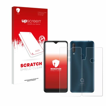 Parte frontal de un envase de producto con el logotipo de la marca upscreen. Al lado se muestra el dispositivo Alcatel 1S 2020