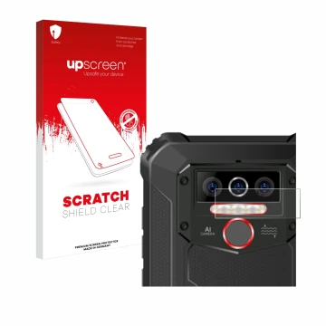 Parte frontal de un envase de producto con el logotipo de la marca upscreen. Al lado se muestra el dispositivo Oukitel WP5 (SÓ