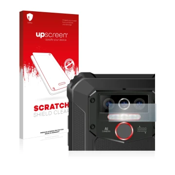 Parte frontal de un envase de producto con el logotipo de la marca upscreen. Al lado se muestra el dispositivo Oukitel WP5 Pro
