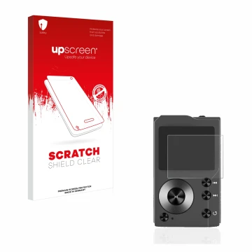 Parte frontal de un envase de producto con el logotipo de la marca upscreen. Al lado se muestra el dispositivo Surfans F20 con