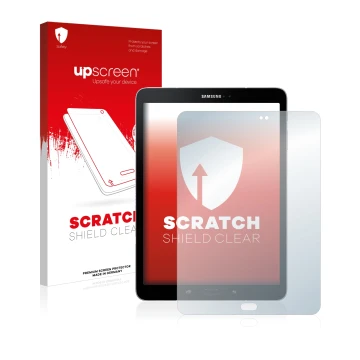 Parte frontal de un envase de producto con el logotipo de la marca upscreen. Al lado se muestra el dispositivo Samsung Galaxy 