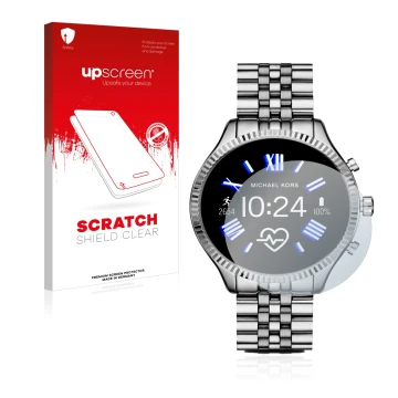 Parte frontal de un envase de producto con el logotipo de la marca upscreen. Al lado se muestra el dispositivo Michael Kors Ac