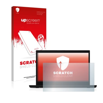 Parte frontal de un envase de producto con el logotipo de la marca upscreen. Al lado se muestra el dispositivo Lenovo ThinkPad